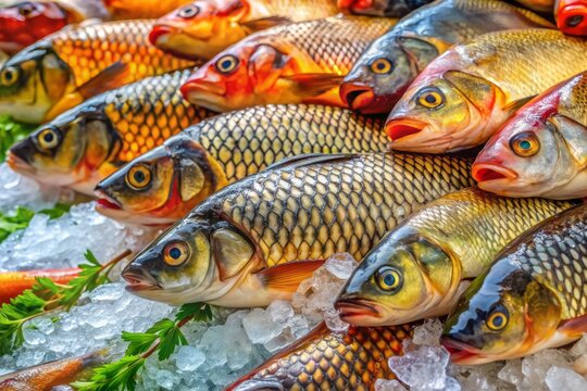 Vibrant display of freshly caught catla and rohu carp fish at an Asian fish market, arranged on ice with scales and guts visible in high definition.