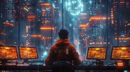 Hacker in futuristic city - generative ai