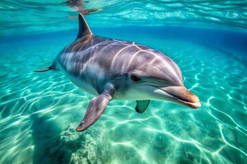 Obraz premium A sleek dolphin swims effortlessly through the turquoise ocean, its shiny gray skin glistening with droplets of water as it breaks the surface.