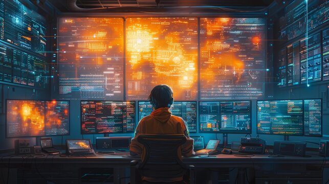 Cyber security operations center with data visualization - generative ai