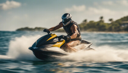 Dynamic action shot of a jet ski racing through waves, with the rider wearing stylish, branded gear
