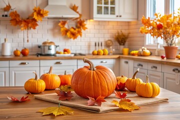 Vibrant orange pumpkins and fallen leaves adorn the crisp white countertops and rustic wooden table of a modern kitchen, evoking warm autumnal ambiance.