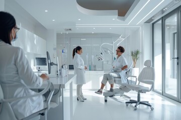 Fototapeta premium Confident doctor in white coat discussing health with patient in a sunlit modern clinic