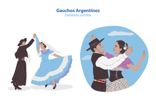 Parejas de gauchos argentinos bailando zamba con vestimentas tradicionales vectorial editable