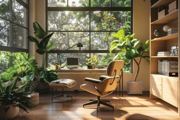 Fototapeta premium Tranquil minimalist home office with a lush garden view, fostering productivity and peace