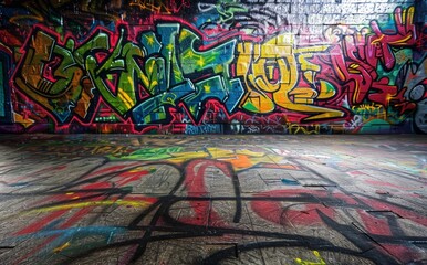 Naklejka premium An urban colourful graffiti wall backdrop generated by AI.