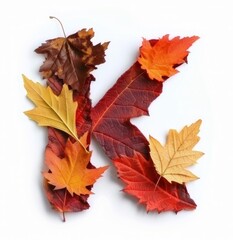 Fototapeta premium Colorful Autumn Leaves Forming The Letter K on a White Background