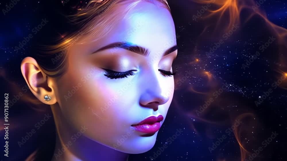 Poster a close-up view of a woman's profile, adorned with colorful cosmic swirls and vibrant light reflecti