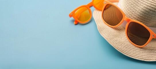 Straw Hat and Orange Sunglasses on Light Blue Background