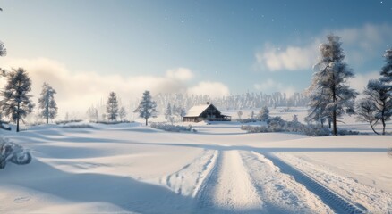 Obraz premium Snow-Covered Landscape With Cabin at Sunrise in Winter Wonderland