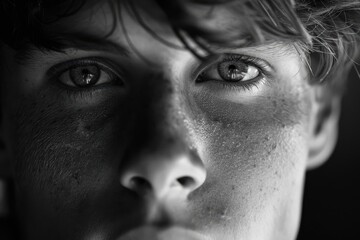 Naklejka premium Intimate close-up of a young man's expressive eyes in monochrome, evoking deep emotion