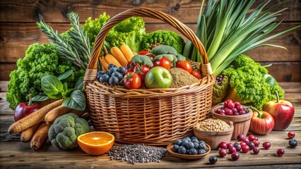 Fresh whole foods including seasonal fruits, leafy greens, and whole grains overflow from a woven basket, promoting a healthy and balanced lifestyle choice.