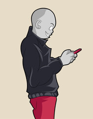 Cartoon illustration of man in black jacket and red pants smiling using mobile phone