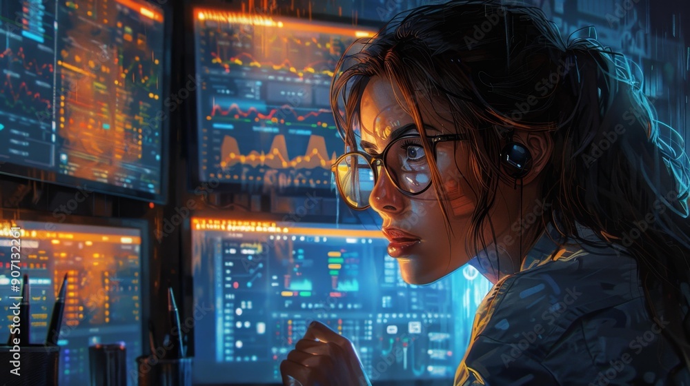 Wall mural focused female hacker with data screens - generative ai