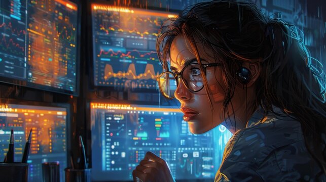 Focused female hacker with data screens - generative ai