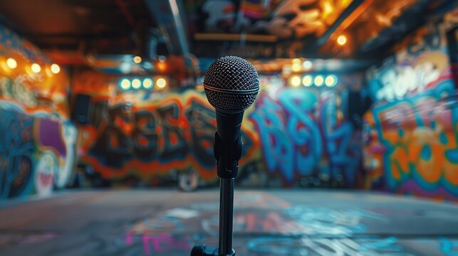 The microphone is positioned in front of a graffiti wall. A selective focus is used.