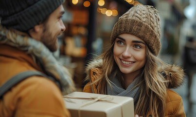 A delivery person hands over a parcel to a satisfied customer.