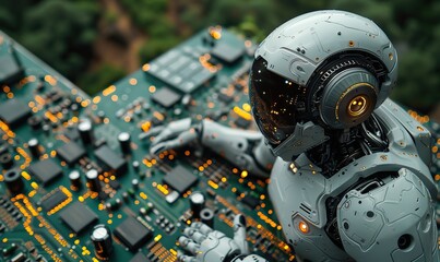 Fototapeta premium Artificial intelligence robot placed on a circuit board.