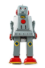 A very antique tin robot toy airplane isolated in white with clipping path.
Retro gray and red...