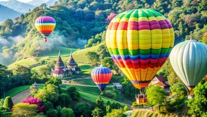 Fototapeta premium Colorful hot air balloons flying over Doi Inthanon mountain in Chiang Mai, Thailand, hot air balloons, colorful