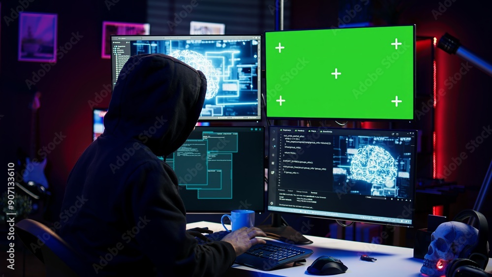 Poster hacker using green screen pc and ai to find unpatched connections and steal data. scammer using arti