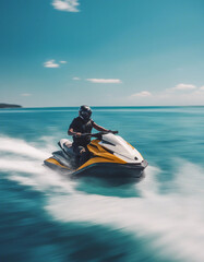 Obraz premium Jet ski speeding across crystal clear blue waters with a bright sky 