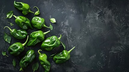 Fresh Padron Peppers on Dark Surface from Above