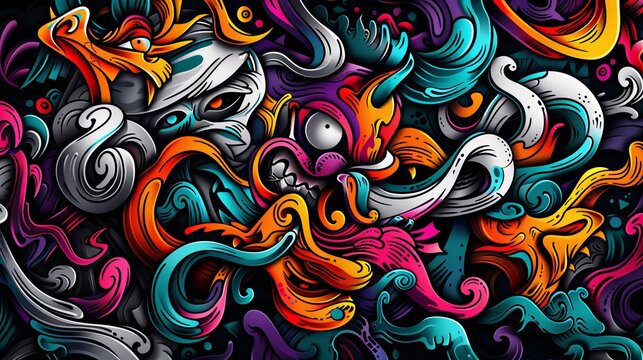 With spray paint splatters, street style doodles, and urban artistic expressions, this seamless background features an abstract graffiti art pattern in colorful abstract style.