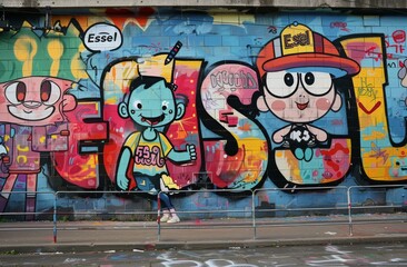 Obraz premium An abstract background image with a full finished graffiti painting in beige and orange tones with cartoon characters