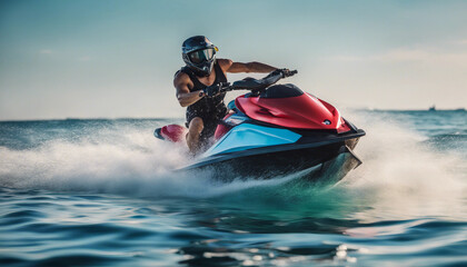 Jet ski speeding across crystal clear blue waters with a bright sky
