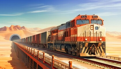 Fototapeta premium Freight train travels by rail. Freight transportation in diesel locomotive cars.