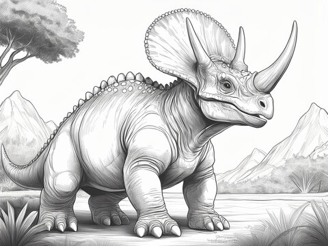 recommend clip art: Cartoon dinosaur Triceratops, bold outlines and simple background. Coloring for kids