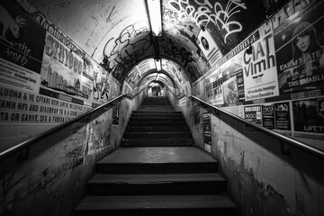 Naklejka premium An underground passage with street art is shown in grayscale