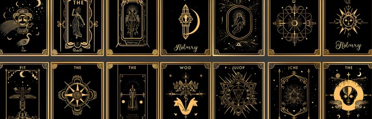 A grid of tarot card designs with a black and gold color scheme.