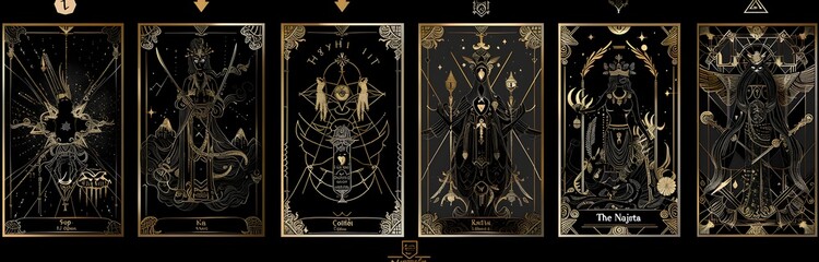 A grid of tarot card designs with a black and gold color scheme.