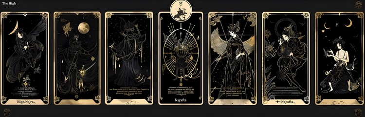 A grid of tarot card designs with a black and gold color scheme.