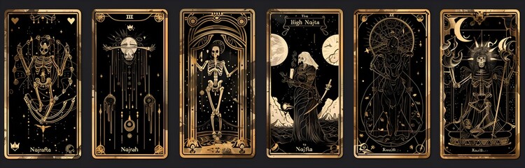 Fototapeta premium A grid of tarot card designs with a black and gold color scheme.