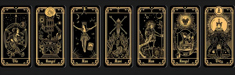 A grid of tarot card designs with a black and gold color scheme.