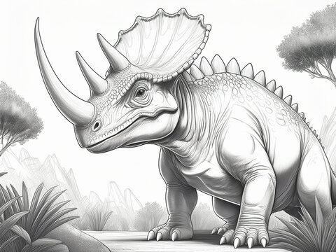 recommend clip art: Cartoon dinosaur Triceratops, bold outlines and simple background. Coloring for kids