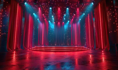 A theater stage with red curtains and spotlights is depicted in an AI-generated illustration.