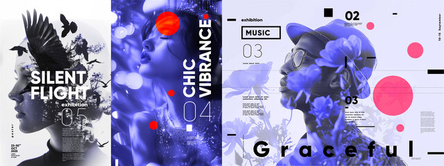 Poster series features trendy double exposure portraits with bold typography and floral elements, perfect for exhibitions, music covers, and media displays with a stylish, modern aesthetic.