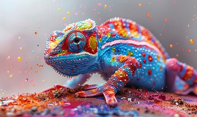 Fototapeta premium An extremely colorful chameleon appears against a splash of paint, symbolizing a novel concept of creativity.