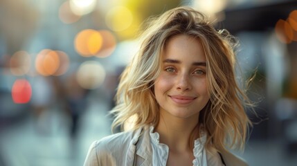 Obraz premium Young woman smiling on a city street - generative ai