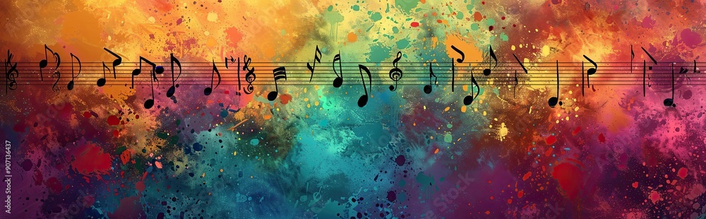 Poster vibrant abstract background featuring colorful sheet music notes alongside artistic swirls