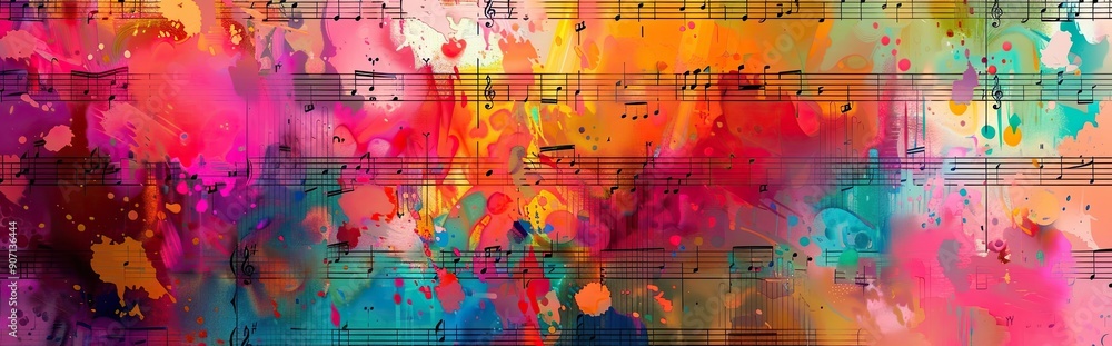 Poster Vibrant Abstract Colorful Background Blending Artistic Patterns With Sheet Music Elements