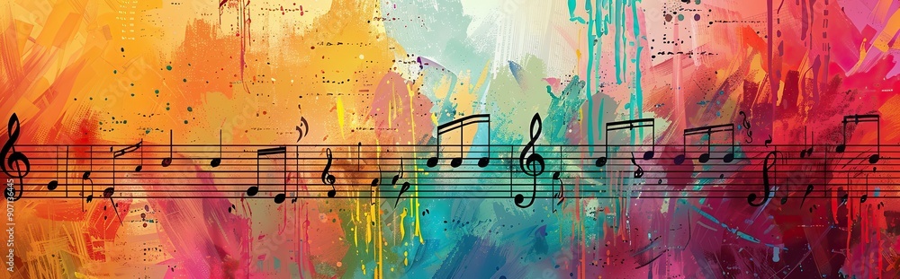 Poster vibrant abstract background featuring colorful splashes and musical notation for creative inspiratio