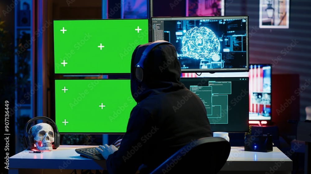 Poster hacker listening music while using isolated screen pc and ai to steal data. scammer wearing headphon