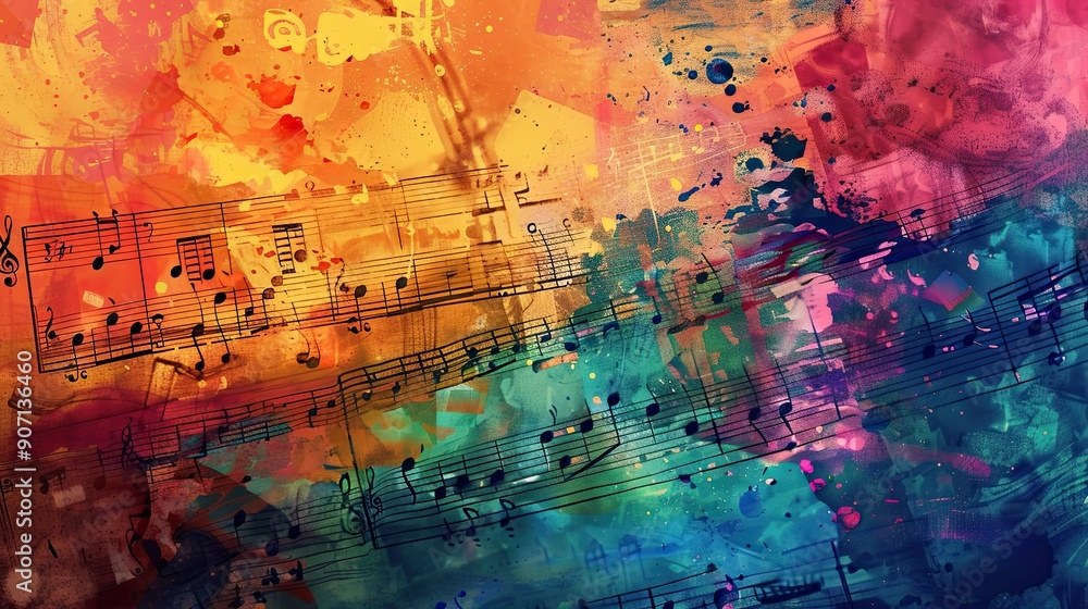 Poster Vibrant Abstract Colorful Background Featuring Sheet Music Patterns and Textures