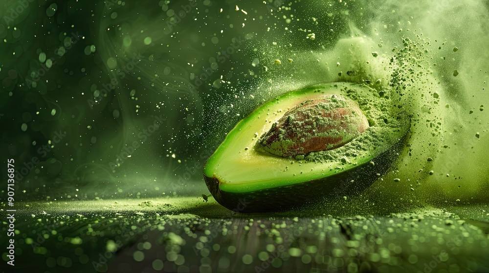 Poster fresh avocado half sliced open with water drops and powder splashing on green background