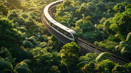 Aerial view of a train running along a track surrounded by lush green trees in a modern city.